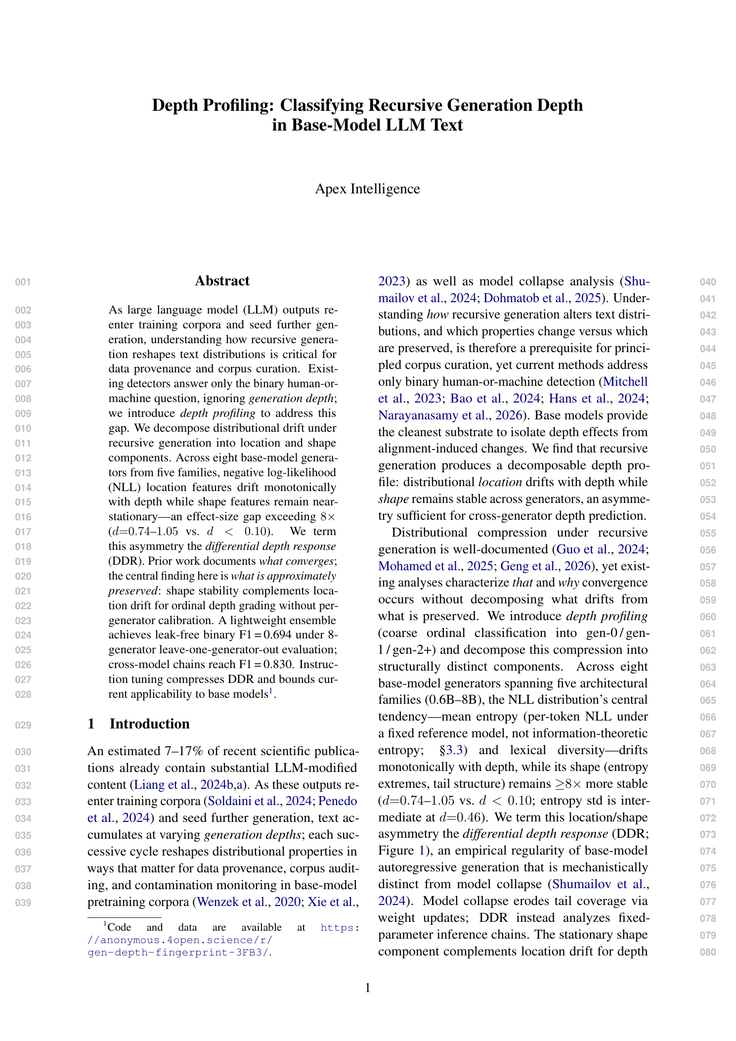 First page of Depth Profiling: Classifying Recursive Generation Depth in Base-Model LLM Text