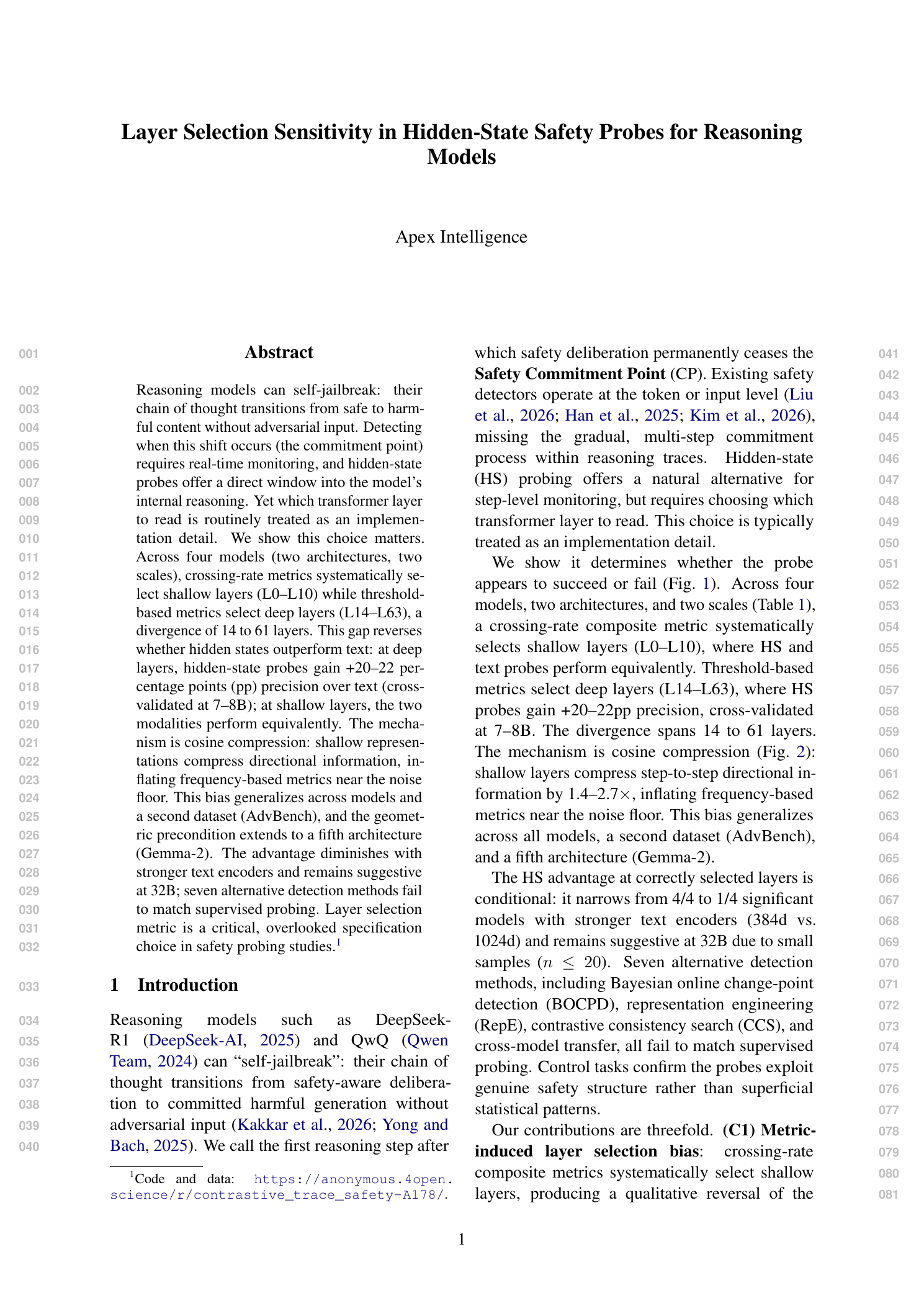 First page of Layer Selection Sensitivity in Hidden-State Safety Probes for Reasoning Models