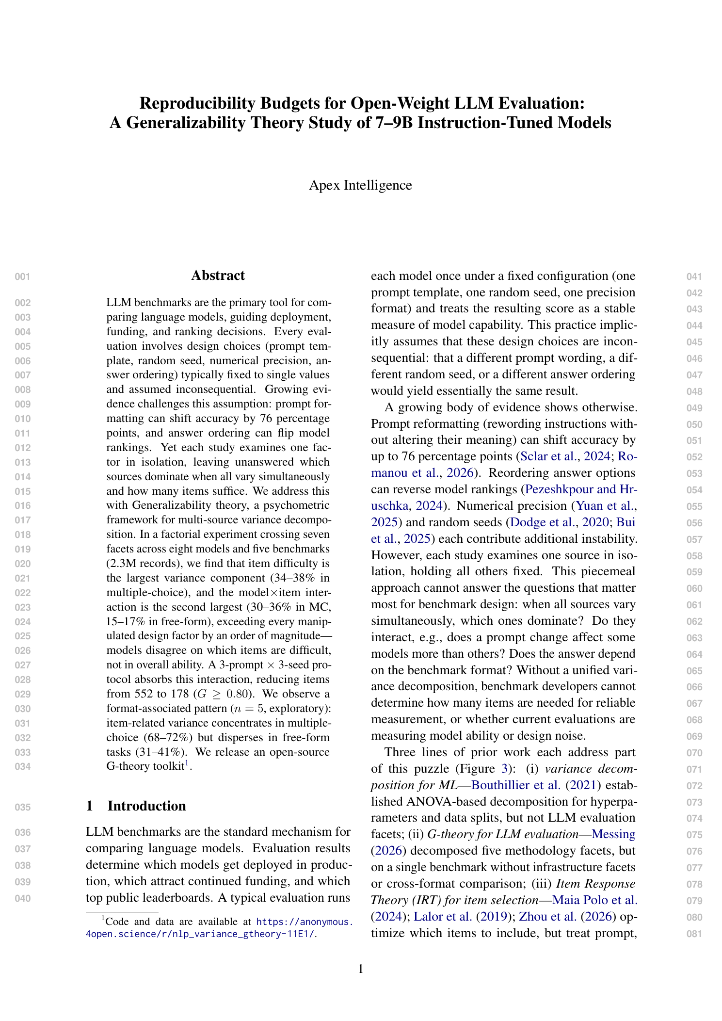 First page of Reproducibility Budgets for Open-Weight LLM Evaluation: A Generalizability Theory Study of 7-9B Instruction-Tuned Models
