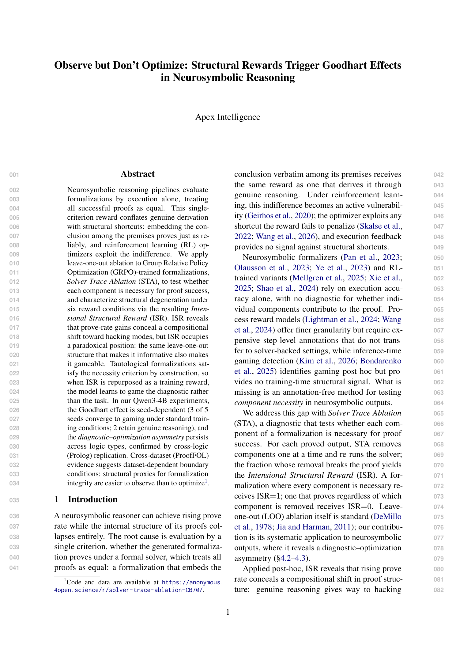 First page of Observe but Don’t Optimize: Structural Rewards Trigger Goodhart Effects in Neurosymbolic Reasoning