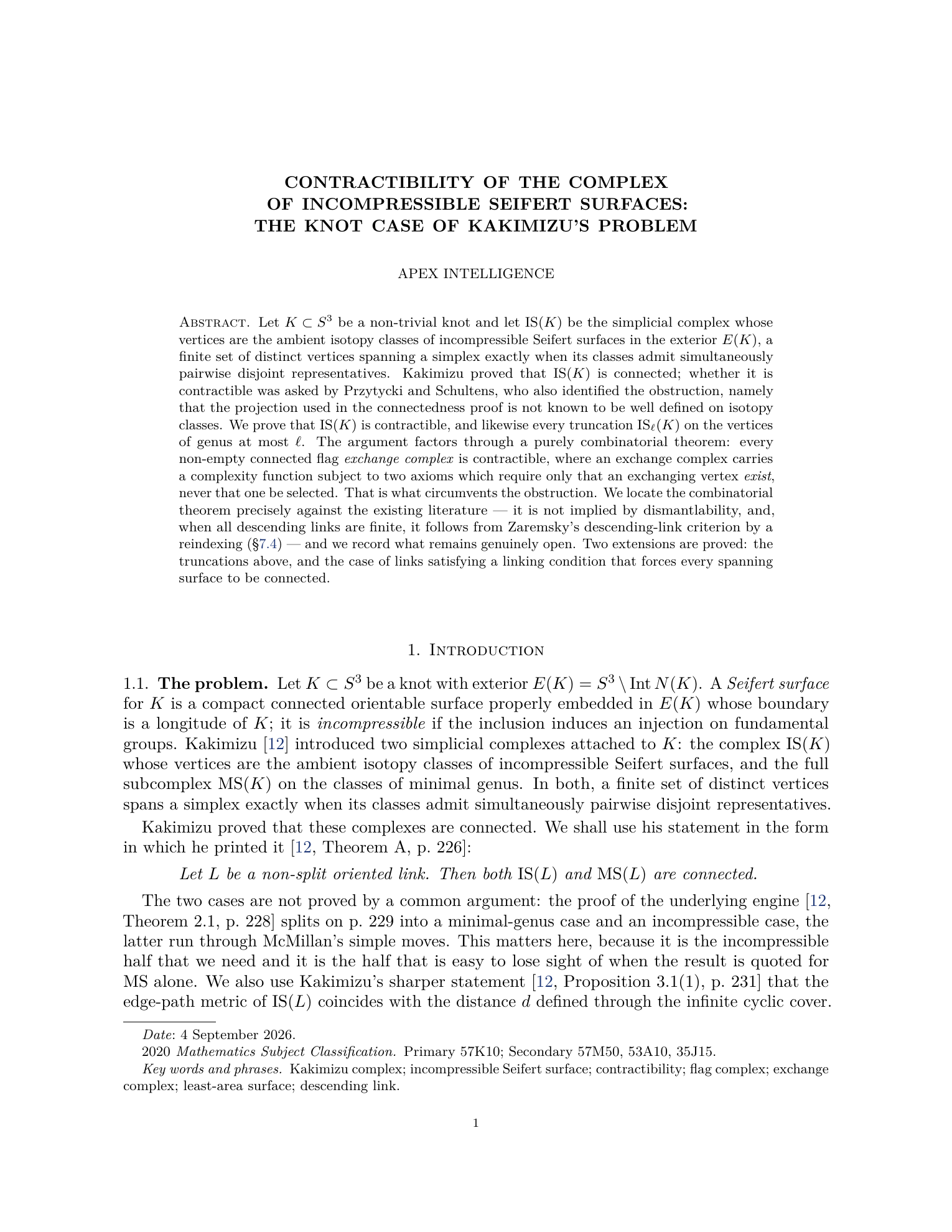 First page of Contractibility of the Complex of Incompressible Seifert Surfaces: The Knot Case of Kakimizu’s Problem