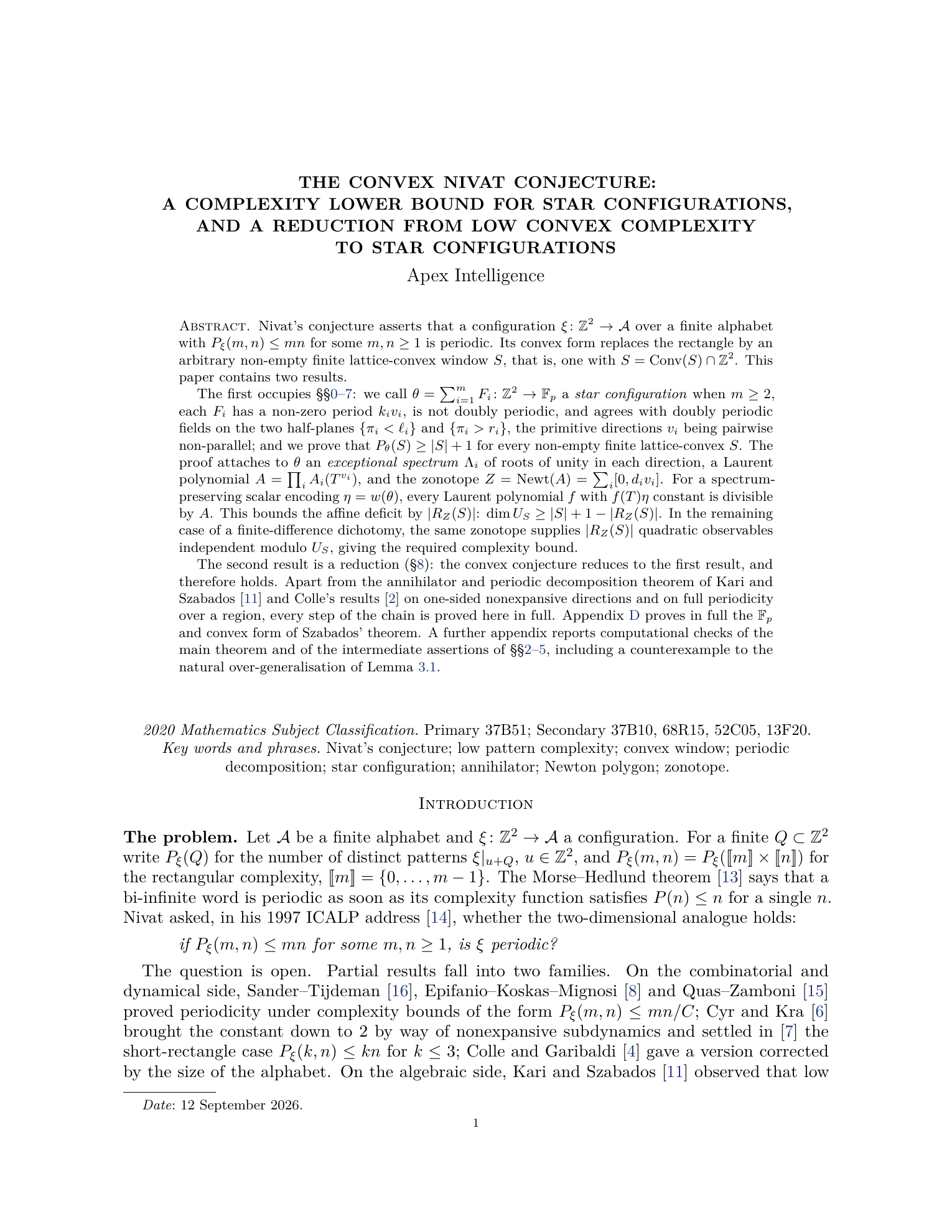 First page of The Convex Nivat Conjecture: A Complexity Lower Bound for Star Configurations, and a Reduction from Low Convex Complexity to Star Configurations