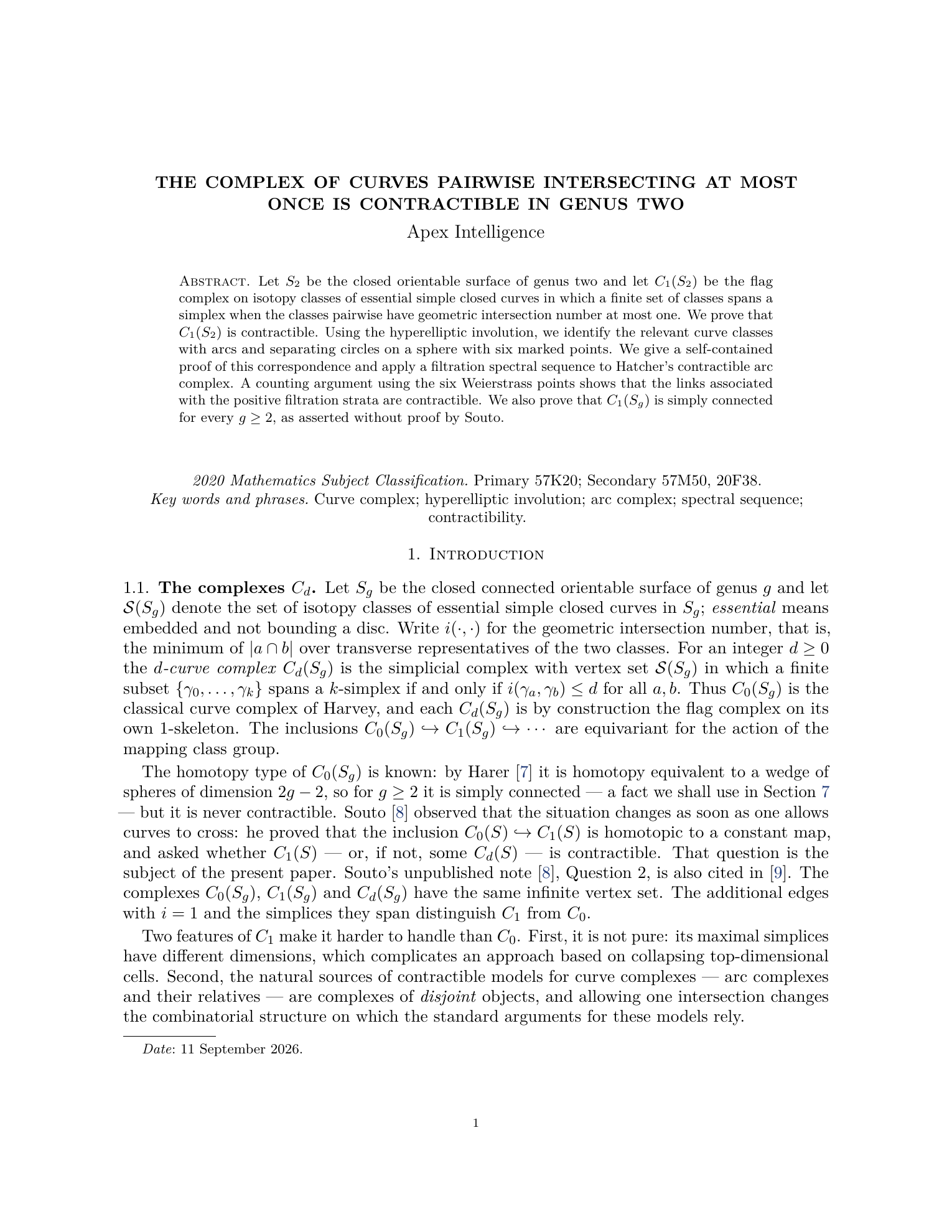 First page of The Complex of Curves Pairwise Intersecting at Most Once Is Contractible in Genus Two