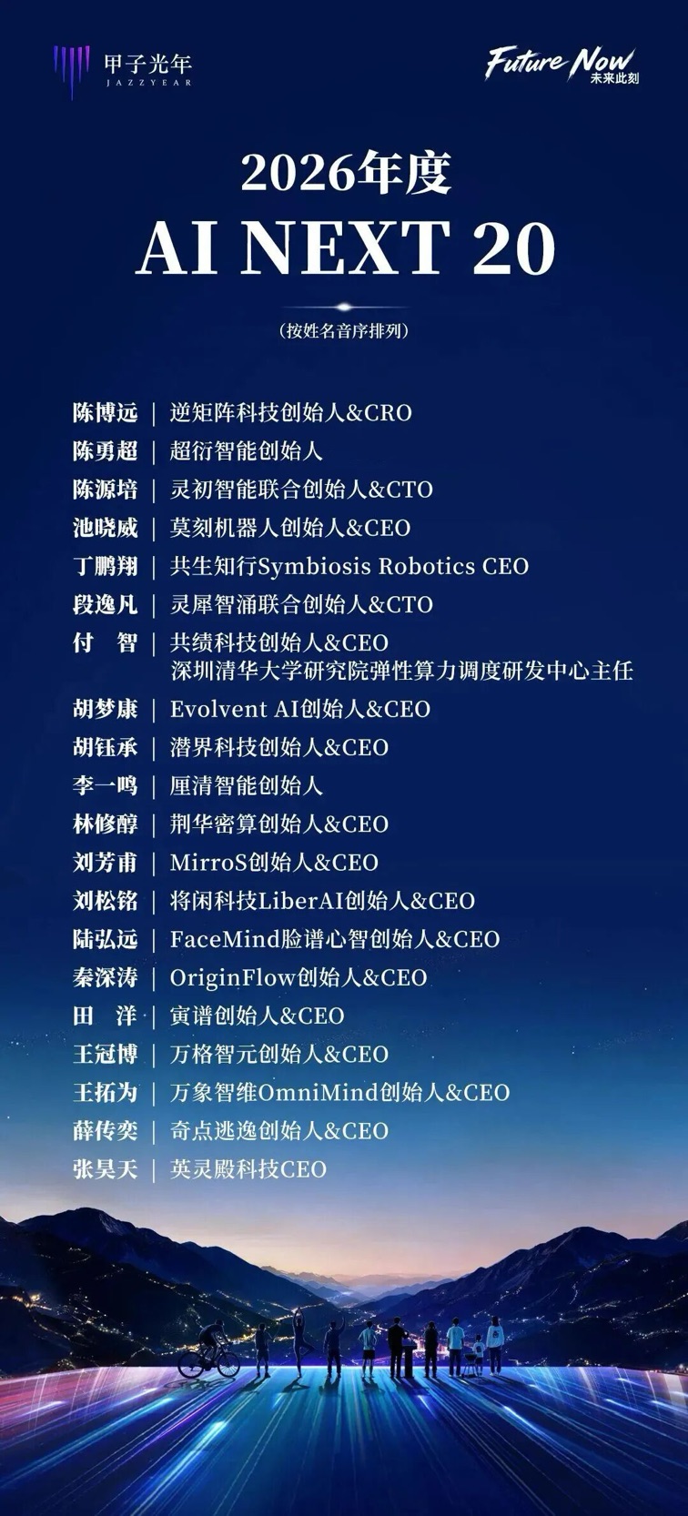 Jazzyear's 2026 AI NEXT 20 list, including Apex Intelligence founder Yongchao Chen